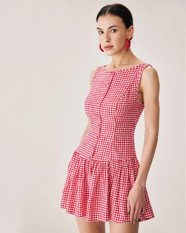 Floral print mini dresses for summer parties Red Plaid Boat Neck Mini Dress