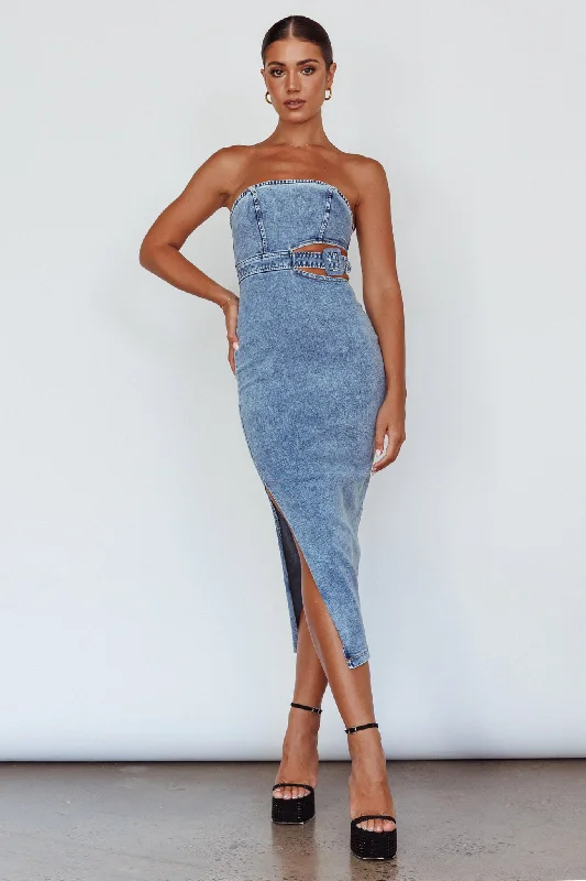 Sleeveless midi dresses with lace details for summer weddings Glisten Cut-Out Buckle Waist Midi Dress Denim Blue