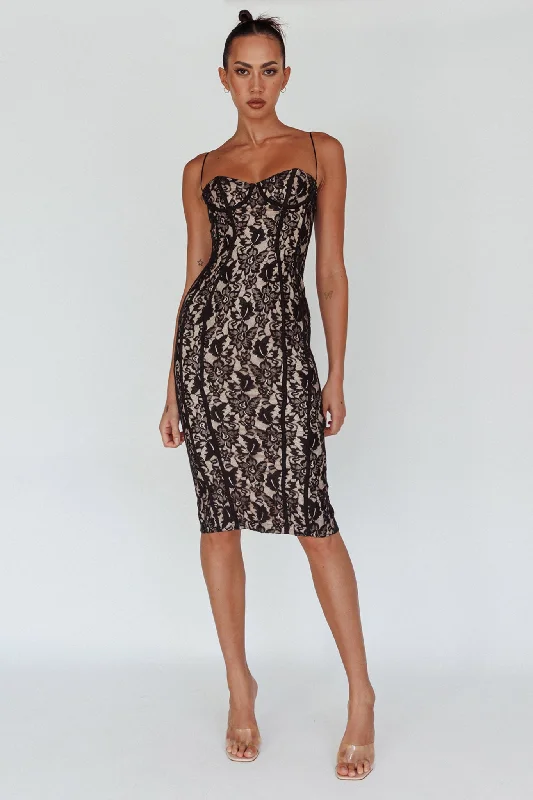 Midi dresses with patchwork patterns for a one - of - a - kind style Aura Lace Midi Dress Black Midi dresses with patchwork patterns for a one - of - a - kind style Aura Lace Midi Dress Black
