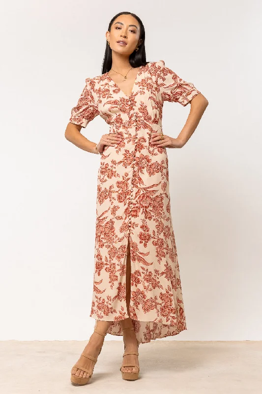 Midi dresses with ribbed textures for a unique and tactile appearance Lia Floral Midi Dress in Rust
