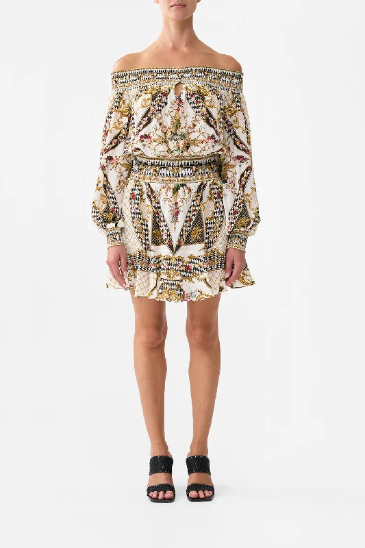 Mini dresses with embroidered details for a unique touch OFF SHOULDER SHORT DRESS ROCOCO GLOW