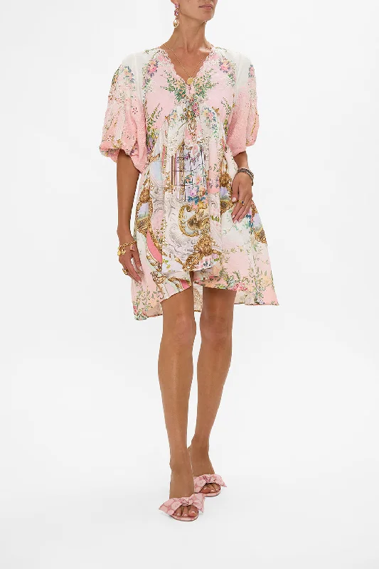 Mini dresses with beaded embellishments for a fancy event V NECK PUFF SLEEVE SHORT DRESS LISBON LULLABY