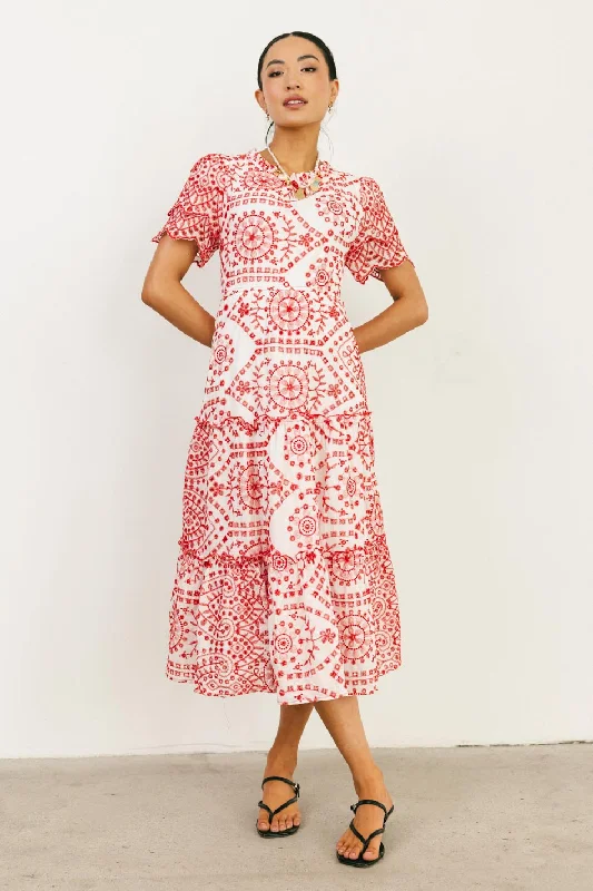 Midi dresses with geometric cutouts for a contemporary and edgy look Alena Eyelet Lace Dress in Red