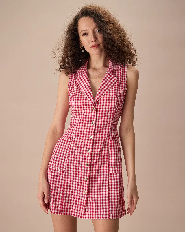 Animal print mini dresses for a bold statement The Lapel Plaid Sleeveless Cotton Pocket Mini Dress