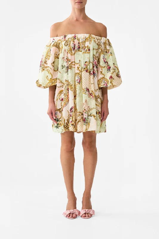 Mini dresses with abstract prints for an artistic look OFF SHOULDER PUFF DRESS THE QUEENS QUARTERS