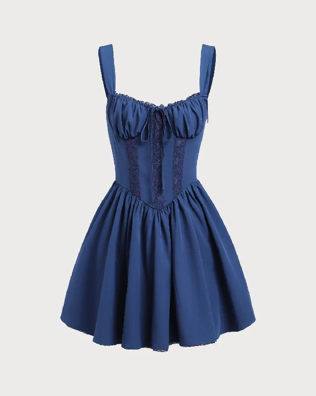 Mini dresses with bow accents for a sweet look Navy Ruched Square Neck Slip Mini Dress
