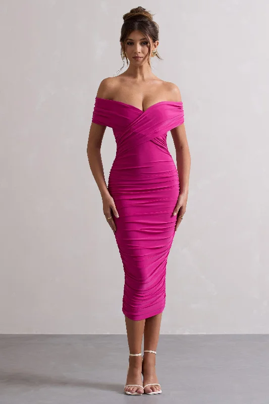 Midi dresses with cold - shoulder cutouts for a trendy style Unwrapped | Dark Pink Ruched Twist Bardot Midi Dress Midi dresses with cold - shoulder cutouts for a trendy style Unwrapped | Dark Pink Ruched Twist Bardot Midi Dress