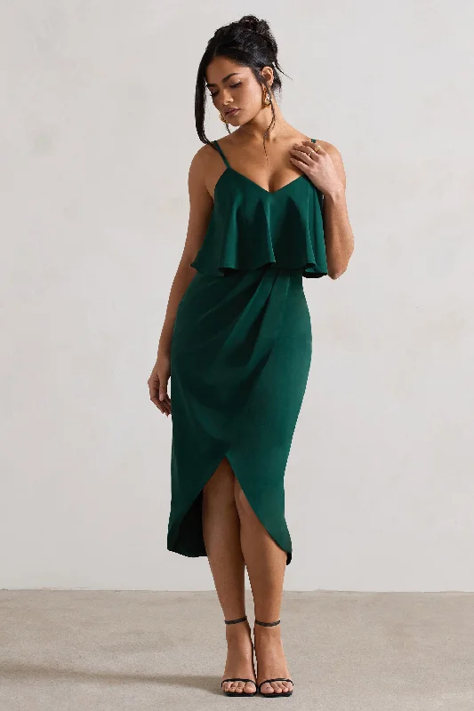 Midi dresses with one - shoulder designs for a modern and asymmetric style Faro | Bottle Green Strappy Draped-Neck Wrap Midi Dress