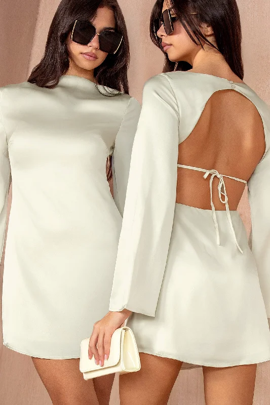 Strapless mini dresses for a beach vacation Cara Champagne Satin Backless Dress