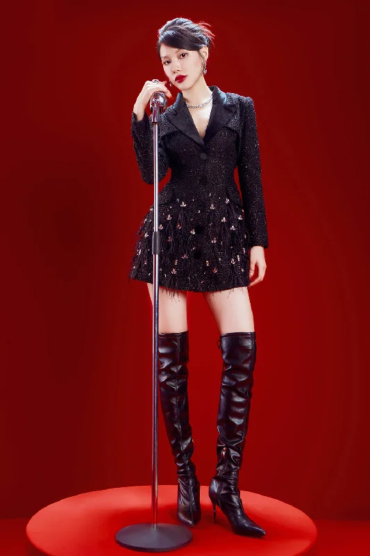 Mini dresses with gathered skirts for a voluminous effect Paparazzi Hourglass Fringed Velvet Tweed Mini Dress