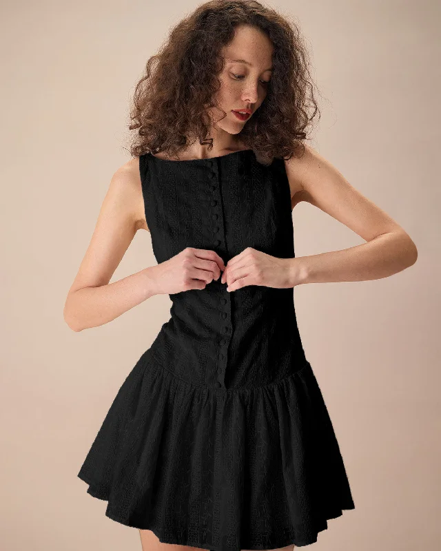 Linen mini dresses for a breathable summer option Women's Black Boat Neck Jacquard Cotton Mini Dress Linen mini dresses for a breathable summer option Women's Black Boat Neck Jacquard Cotton Mini Dress