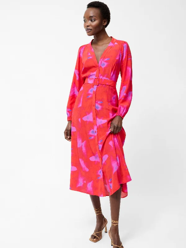 Midi dresses with asymmetric hems for a fashion - forward and dynamic appearance Christy Belted V Neck Midi Dress