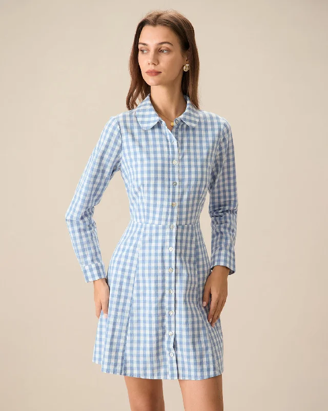 Mini dresses with belted waists for a defined silhouette Women's Blue Plaid Long Sleeve Mini Dress