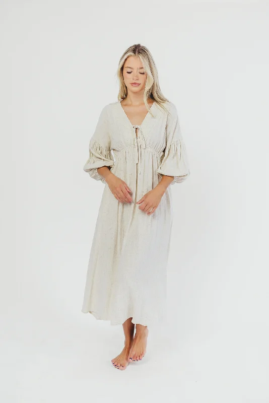 Midi dresses with button - front designs for a classic touch Hunter Linen-Blend Midi Dress in Greige - Bump Friendly and Inclusive Sizing