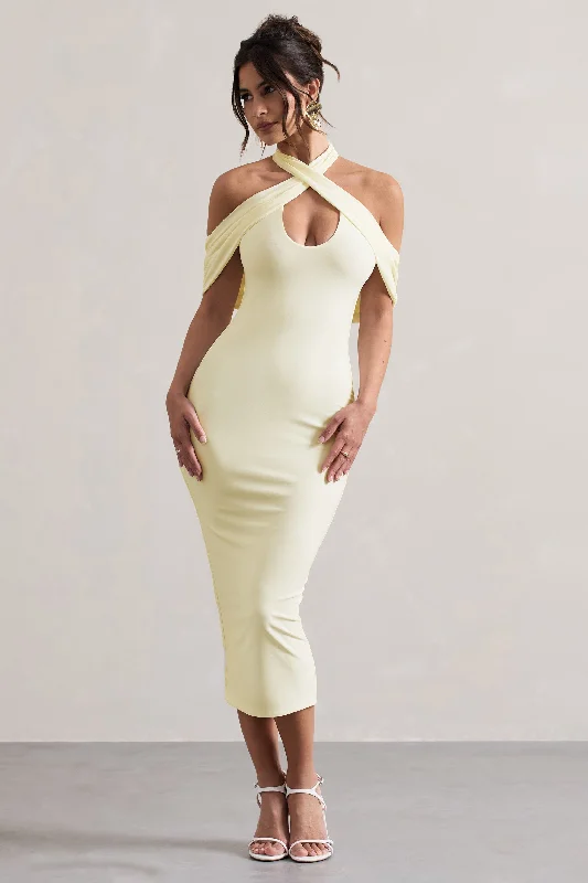 Midi dresses with V - necklines for a flattering and elongating effect Connect | Cream Bodycon Halter-Neck Midi Dress With Cut-Out