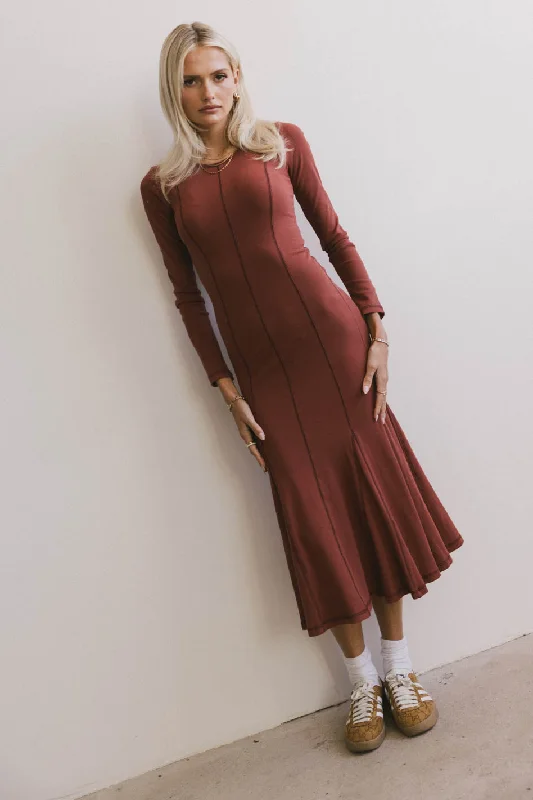 Sleeveless midi dresses with lace details for summer weddings Fiona Ribbed Godet Dress in Rust - FINAL SALE