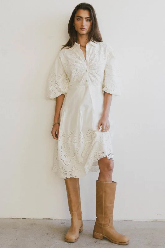 Midi dresses with mesh inserts for a trendy and breathable option Eleanor Eyelet Lace Midi Dress in Cream