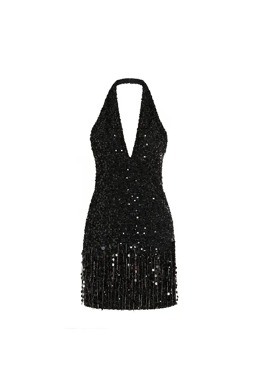 Strapless mini dresses for a beach vacation Amora A-line Plunge Neck Tweed Mini Dress