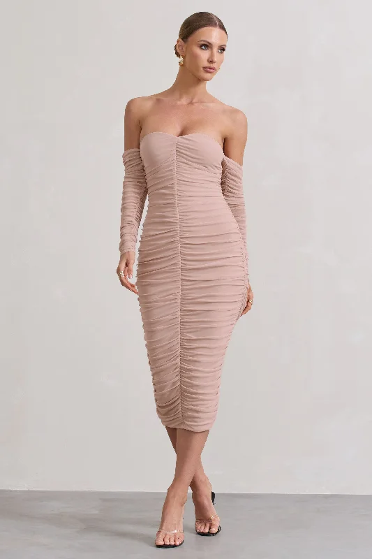 High - low midi dresses with geometric patterns for a modern party Indy | Champagne Ruched Strapless Long-Sleeve Midi Dress
