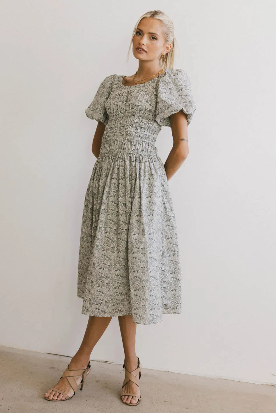 Midi dresses with V - necklines for a flattering and elongating effect Lucille Smocked Floral Dress in Navy Midi dresses with V - necklines for a flattering and elongating effect Lucille Smocked Floral Dress in Navy