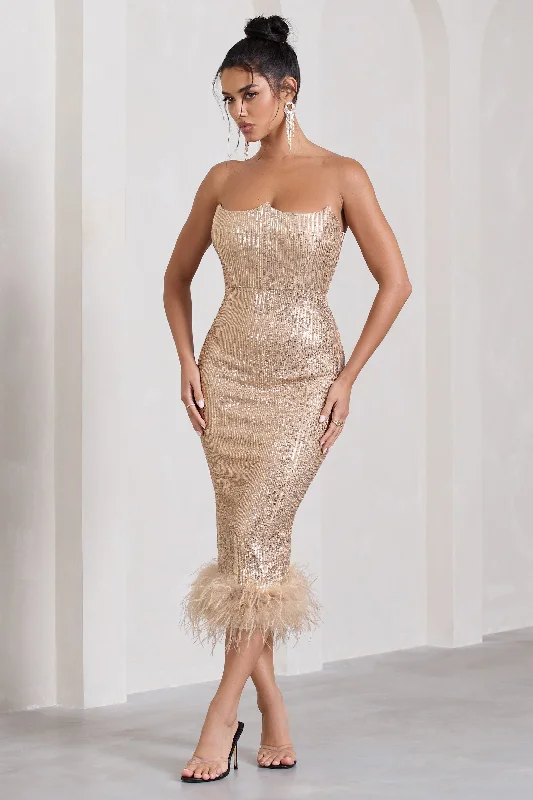 Midi dresses with patchwork patterns for a one - of - a - kind style Cherie | Champagne Sequin Corset Midi Dress With Feather Trim Midi dresses with patchwork patterns for a one - of - a - kind style Cherie | Champagne Sequin Corset Midi Dress With Feather Trim