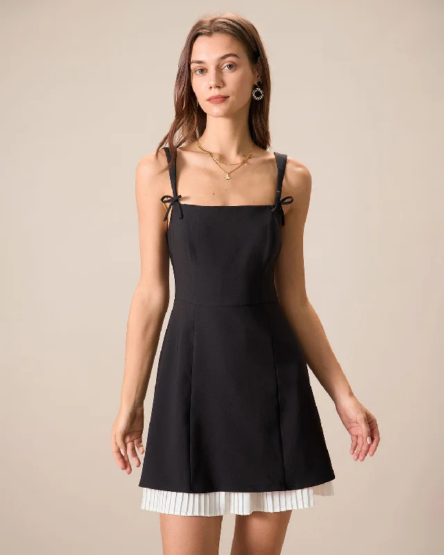 Plaid mini dresses for fall fashion Black Contrasting Bowknot Slip Mini Dress