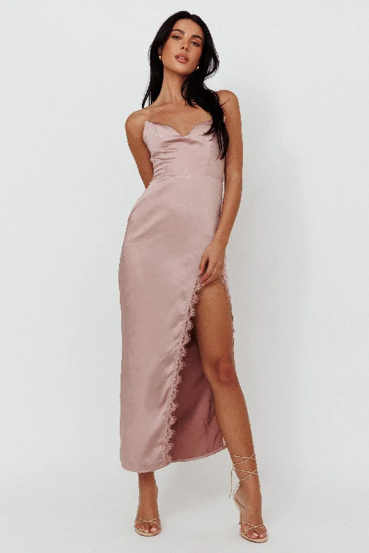 Sheath midi dresses with beaded embellishments for a formal occasion Winter Moon Strapless Lace Trim Midi Dress Dusty Pink Sheath midi dresses with beaded embellishments for a formal occasion Winter Moon Strapless Lace Trim Midi Dress Dusty Pink