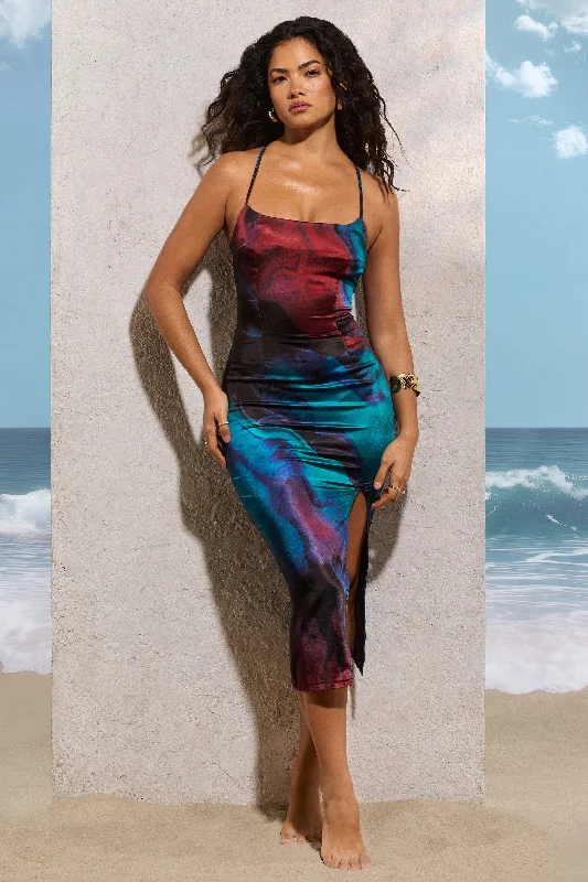 High - low midi dresses with geometric patterns for a modern party Dori | Blue Print Satin Lace-Up Split Midi Dress