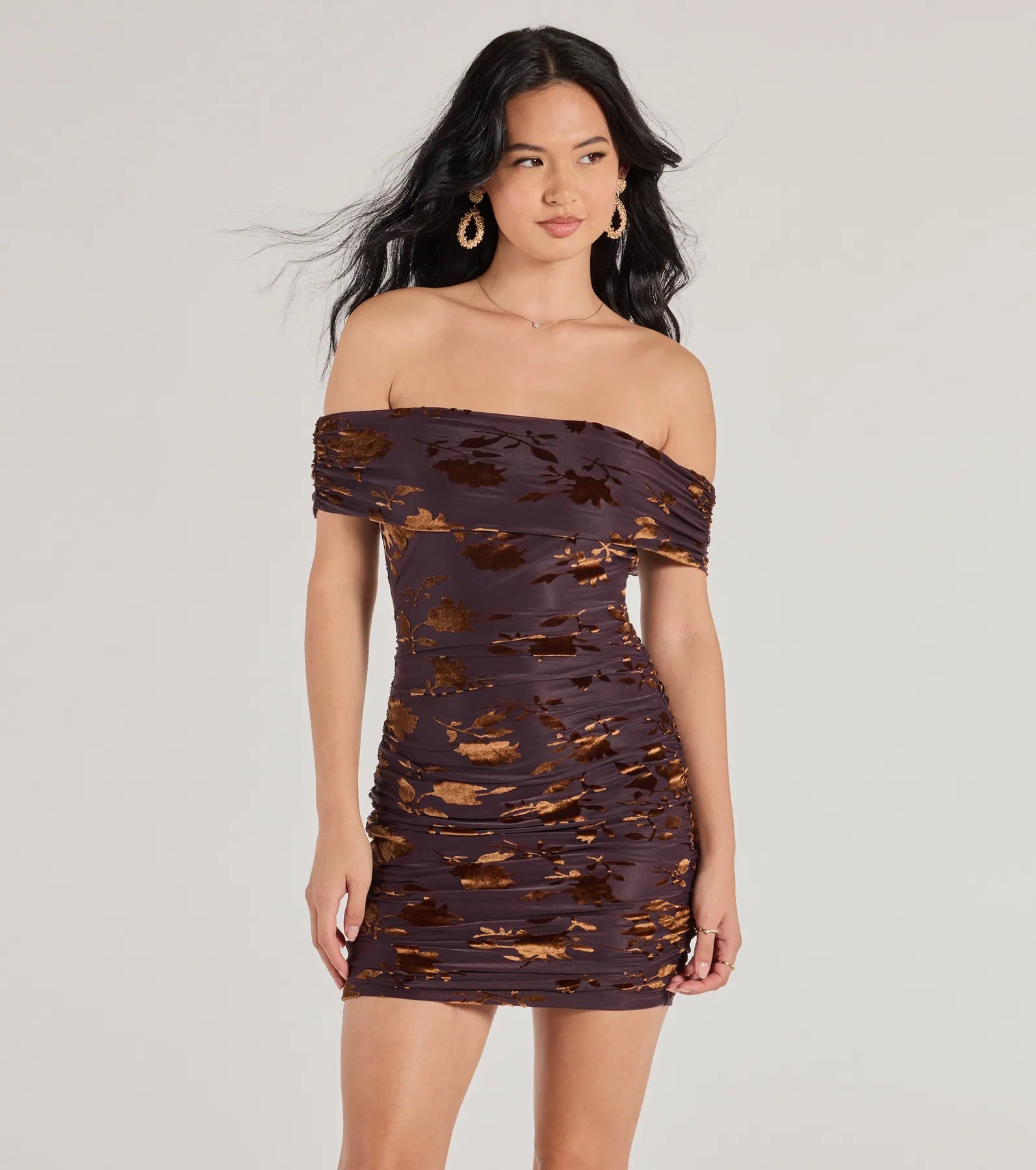 Mini dresses with tiered skirts for added volume Elegant Romance Flocked Velvet Off The Shoulder Mini Dress