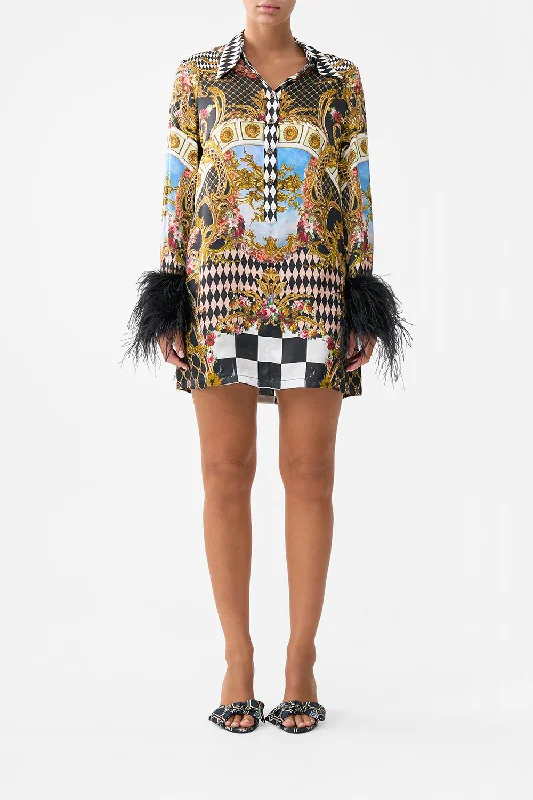 Mini dresses with ruched bodices for a feminine touch MINI SHIRT DRESS WITH FEATHERS MONARCHY MANIA