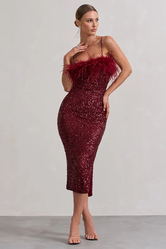Midi dresses with button - front designs for a classic touch In Your Head | Plum Sequin Strappy Midi Dress With Feathers Midi dresses with button - front designs for a classic touch In Your Head | Plum Sequin Strappy Midi Dress With Feathers