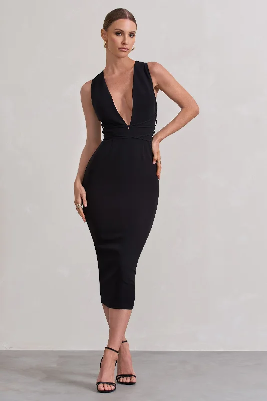 Midi dresses with button - front designs for a classic touch Odessa | Black Plunge Sleeveless Midi Dress With Tie Waist
