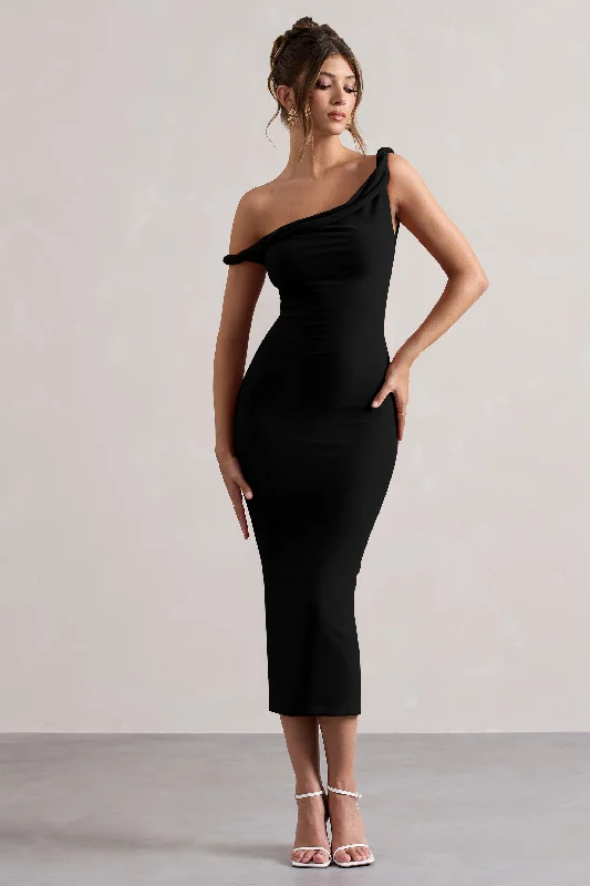 Plaid midi dresses for a fall - themed family gathering Salome | Black Twisted Asymmetric Midi Dress