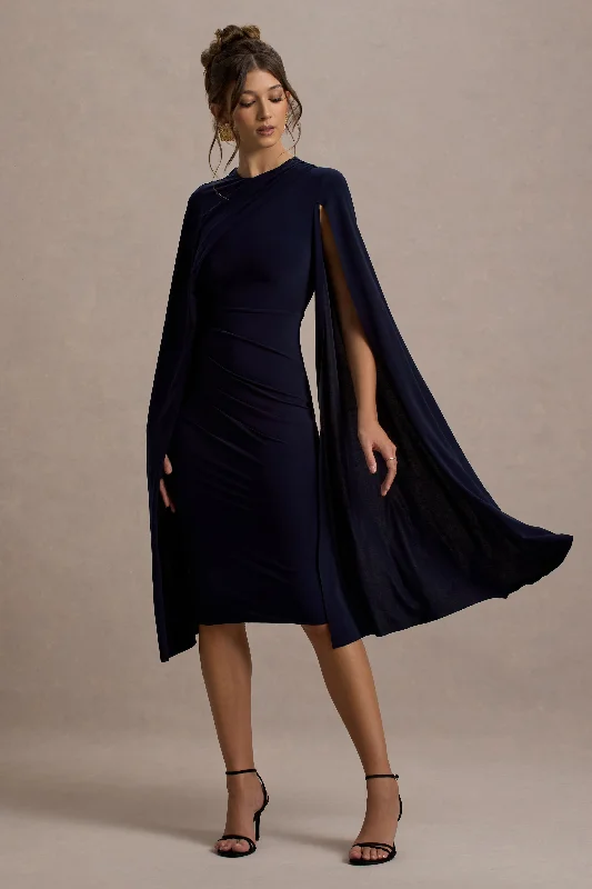 Midi dresses with belted waists to accentuate the figure Marysol | Navy Asymmetric Cape Midi Dress Midi dresses with belted waists to accentuate the figure Marysol | Navy Asymmetric Cape Midi Dress