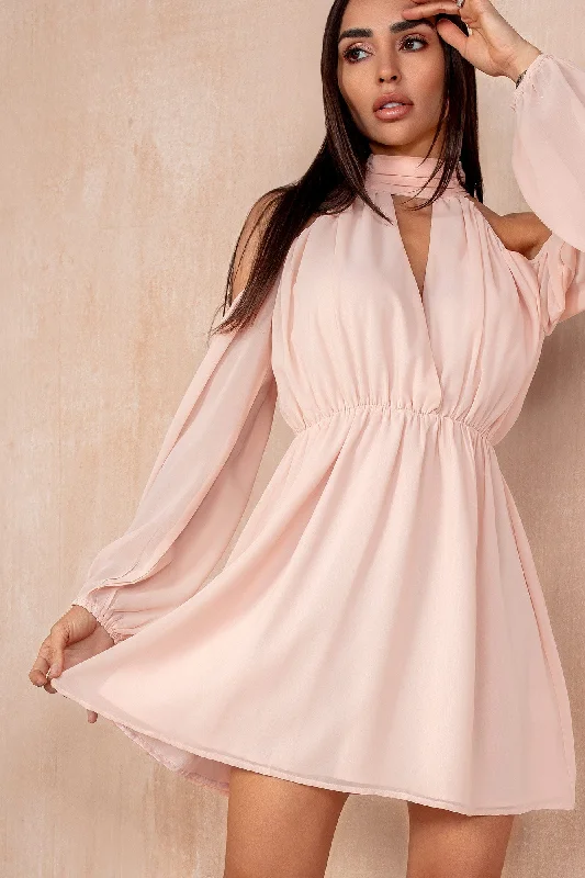 Mini dresses with patchwork designs for a unique style Bronagh Pink Chiffon Cold Shoulder Dress Mini dresses with patchwork designs for a unique style Bronagh Pink Chiffon Cold Shoulder Dress