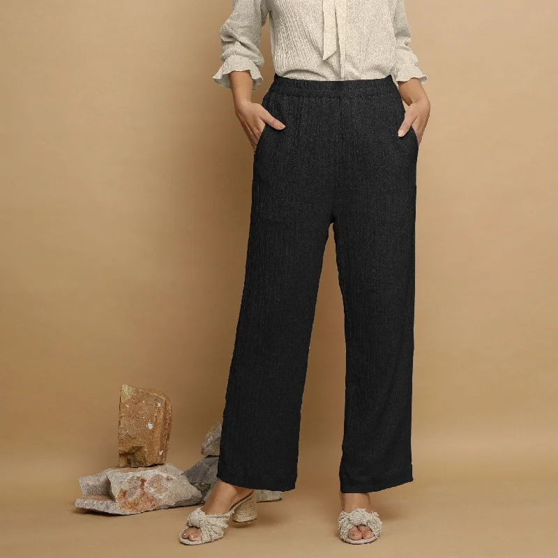 Ankle - Length Women's Printed Joggers for TravelingBlack Crinkled Cotton Elasticated Mid-Rise Pant