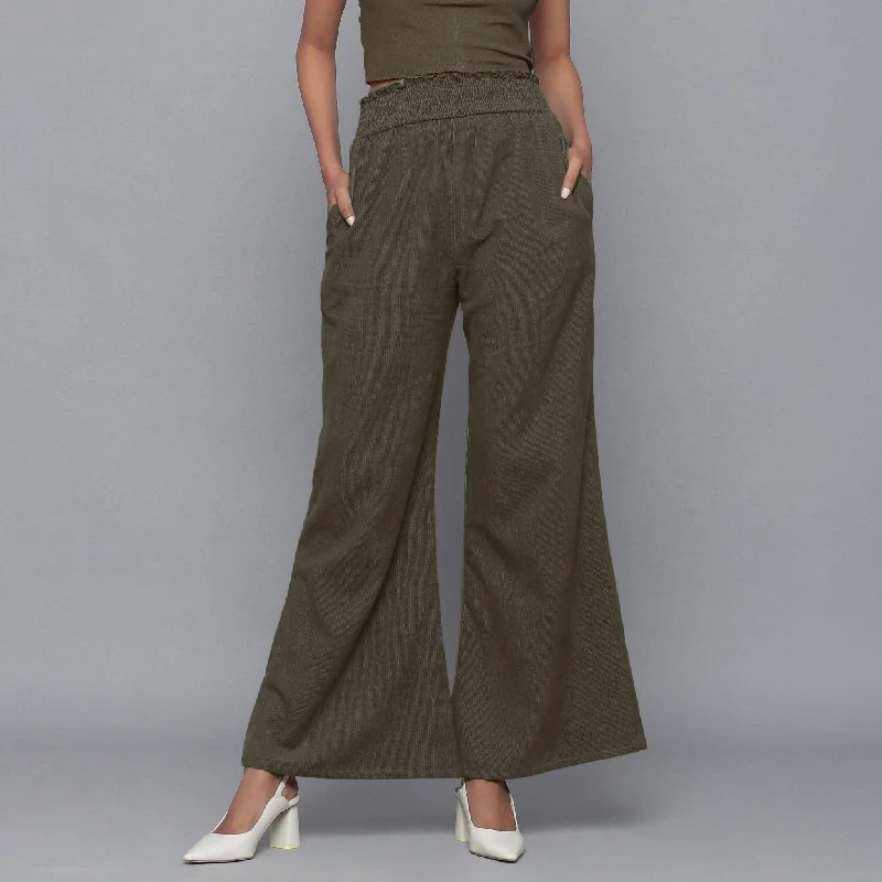 Plus Size Women's Pleated Front Dress Pants for Office WearBronze Grey Warm Cotton Corduroy Elasticated Bootcut Pant