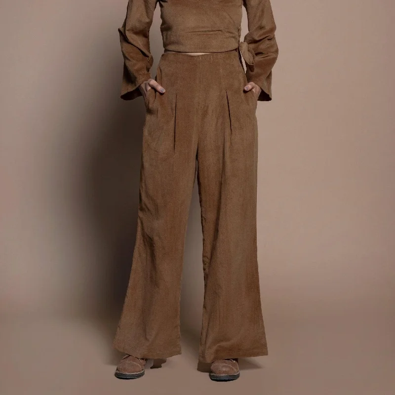Bell - Bottom Style Women's Denim Pants with Embroidered DetailsCamel Brown Cotton Velvet Elasticated Wide Legged Pant