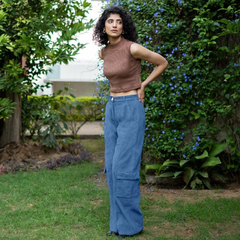 Plus Size Women's Elastic - Waist Culottes in Earth TonesIce Blue Warm Cotton Corduroy High-Rise Baggy Cargo Pant