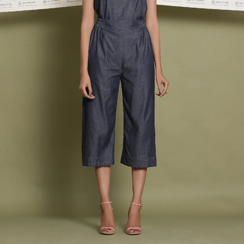 Cropped Women's Corduroy Pants in Autumn ColorsIndigo Cotton Denim Elasticated Mid-Rise Culottes