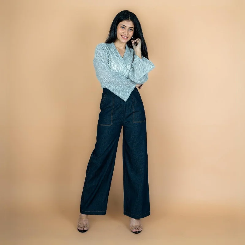 Plus Size Women's Metallic - Finish Joggers for a Stylish LoungeIndigo Cotton Denim High-Rise Flared Comfort Fit Wide Legged Pant