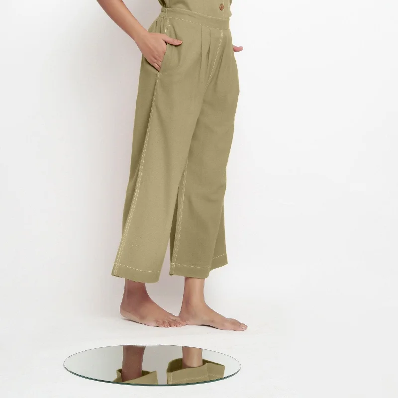 Plus Size Women's Patchwork - Design Jeans for a Unique AppearanceKhakhi Green 100% Cotton Elasticated Wide Legged Pant
