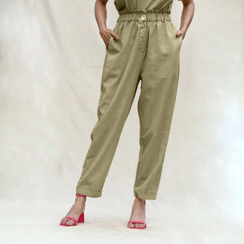 Flare Leg Women's Satin Trousers for a Glamorous Night OutKhakhi Green Handspun Cotton High-Rise Elasticated Paperbag Pant