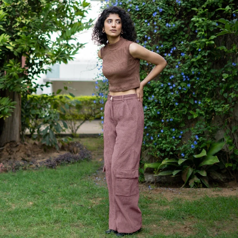 Cropped Women's Corduroy Pants in Autumn ColorsMauve Warm Cotton Corduroy High-Rise Baggy Cargo Pant