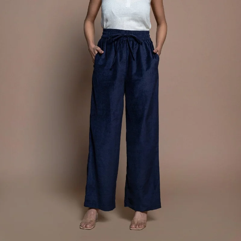 Plus Size Women's Elastic - Waist Culottes in Earth TonesNavy Blue Cotton Velvet Elasticated High-Rise Pant