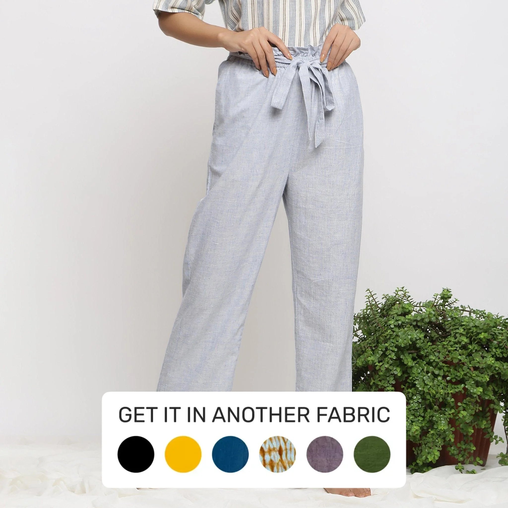 Plus Size Women's Pleated Front Dress Pants for Office WearSky Blue Handspun Cotton Mid-Rise Elasticated Paperbag Pant