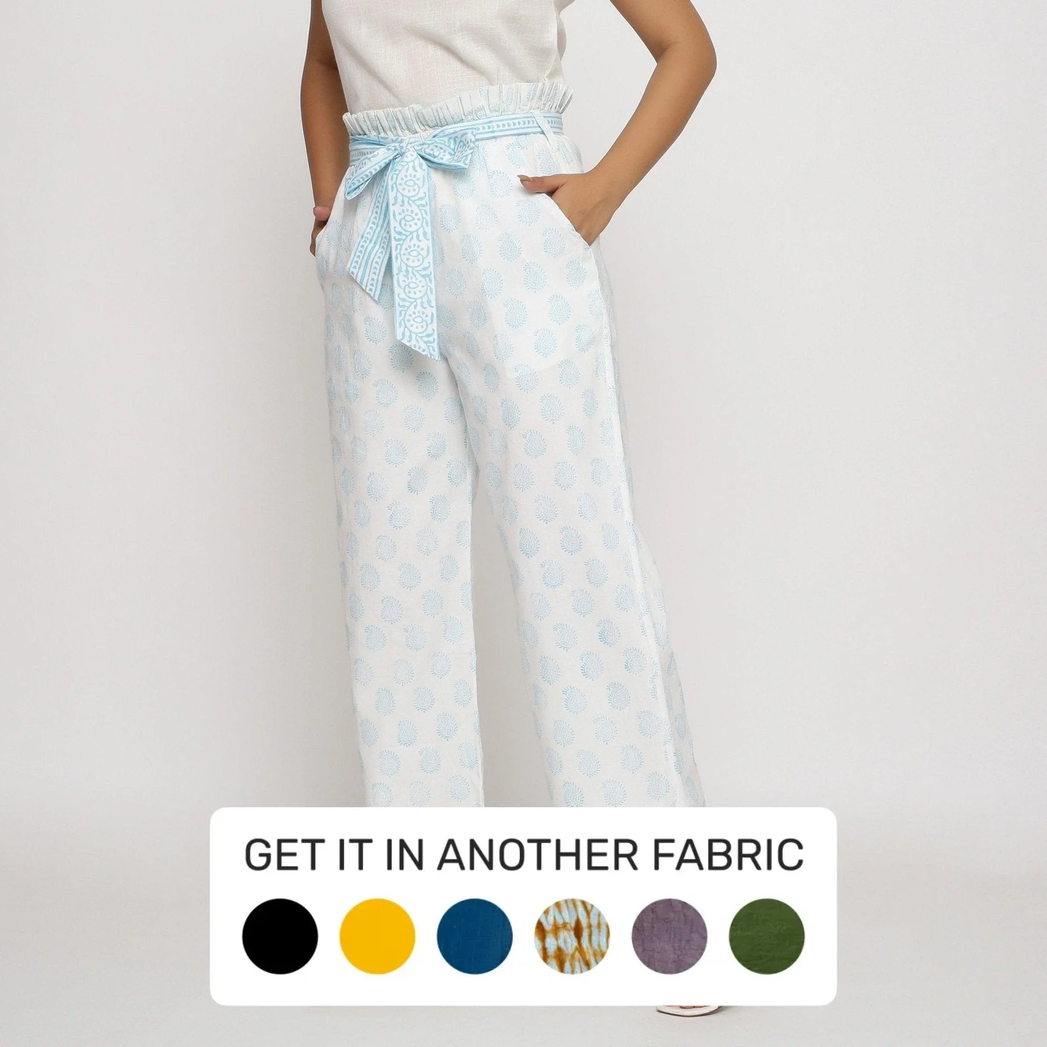 Palazzo Style Women's Printed Trousers in Bohemian PatternsWhite Paisley Block Printed Paperbag Cotton Pant