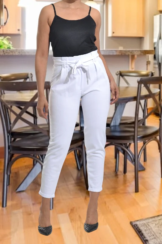 Bell - Bottom Style Women's Denim Pants with Embroidered DetailsWhite Tie Front Pants
