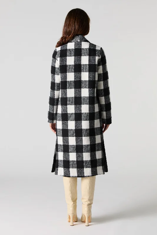 Checkered women's wool coats in a classic pattern for a timeless styleOpen Front Collared Longline Jacket Checkered women's wool coats in a classic pattern for a timeless styleOpen Front Collared Longline Jacket
