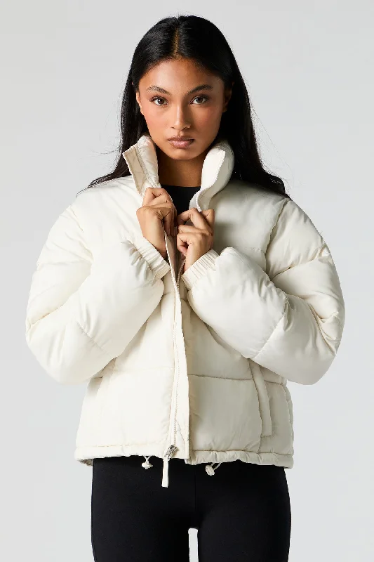 Embroidered women's cotton coats in a bohemian pattern for a unique designMock Neck Puffer Jacket Embroidered women's cotton coats in a bohemian pattern for a unique designMock Neck Puffer Jacket